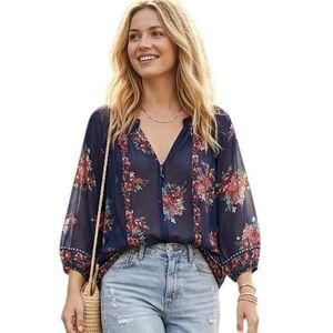 Joie Blouse Womens Med Blue Floral 100% Silk Sheer 3/4 Sleeve Boho Peasant Top